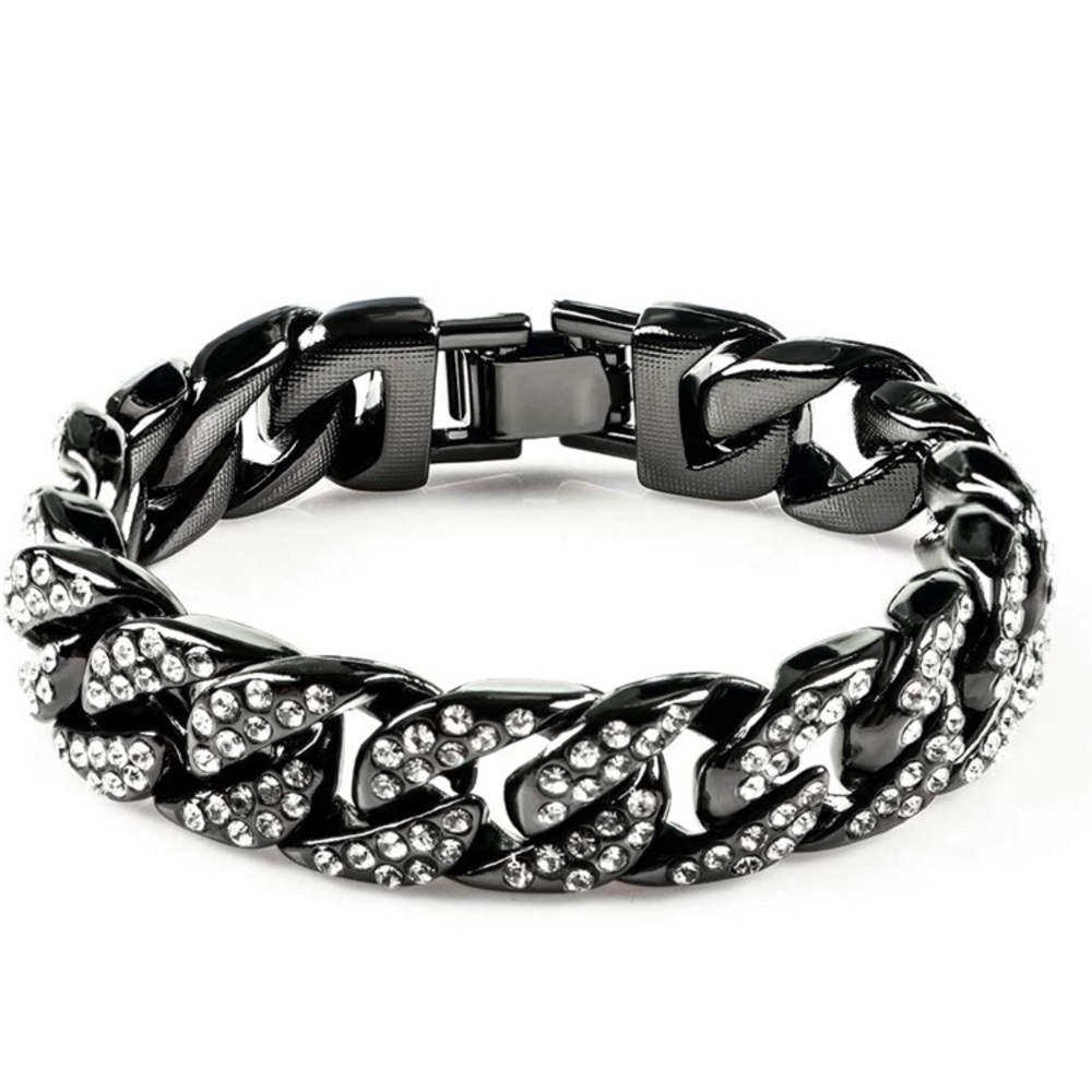 18k Gold Plated Black Cuban Link Bracelet w/ Diamonds